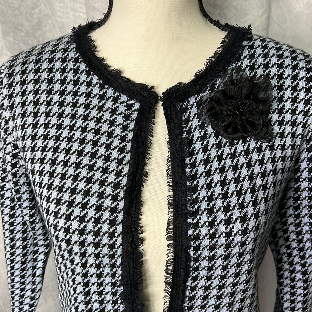 Crystal-Kobe Blue and Black Houndstooth Cardigan Sweater with Floral Pin Accent - Picture 2 of 11